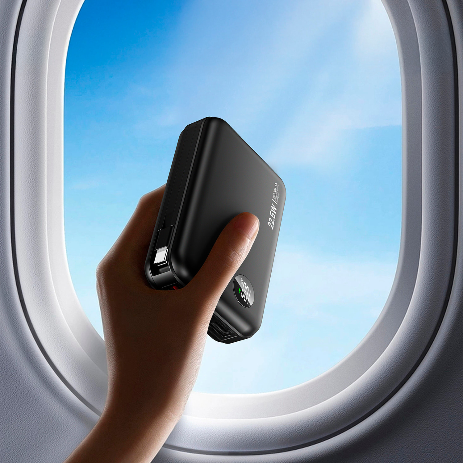 Powerbank 20.000mAh con ricarica rapida PD22,5W, cavo USB-C integrato. Schermo LED di carica.