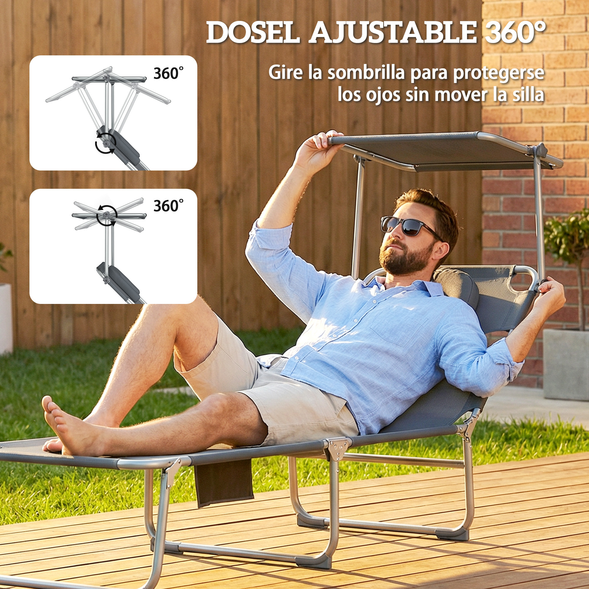 Set de 2 Tumbonas Jardín Exterior, Tumbonas Plegables con Reposacabezas, Dosel 360°, Orificio Facial, Bolsillo Lateral, Respaldo Reclinable 5 Posiciones y Textilene 550 g/m² para Playa, Gris