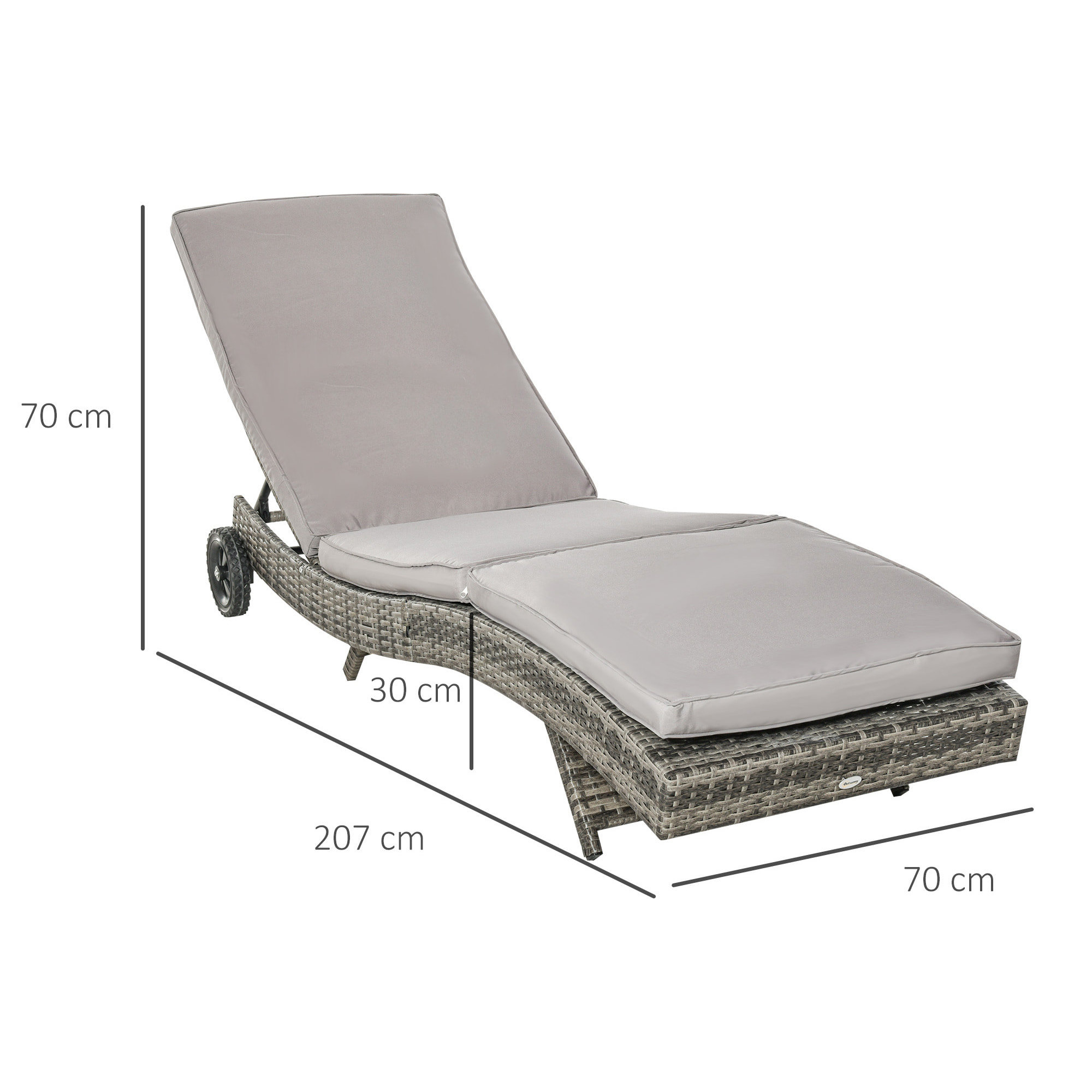Tumbona de Ratán Reclinable Tumbona de Jardín en Forma de S con 2 Ruedas Respaldo Ajustable en 5 Posiciones y Cojín Extraíble para Patio Terraza 207x70x70 cm Gris Claro