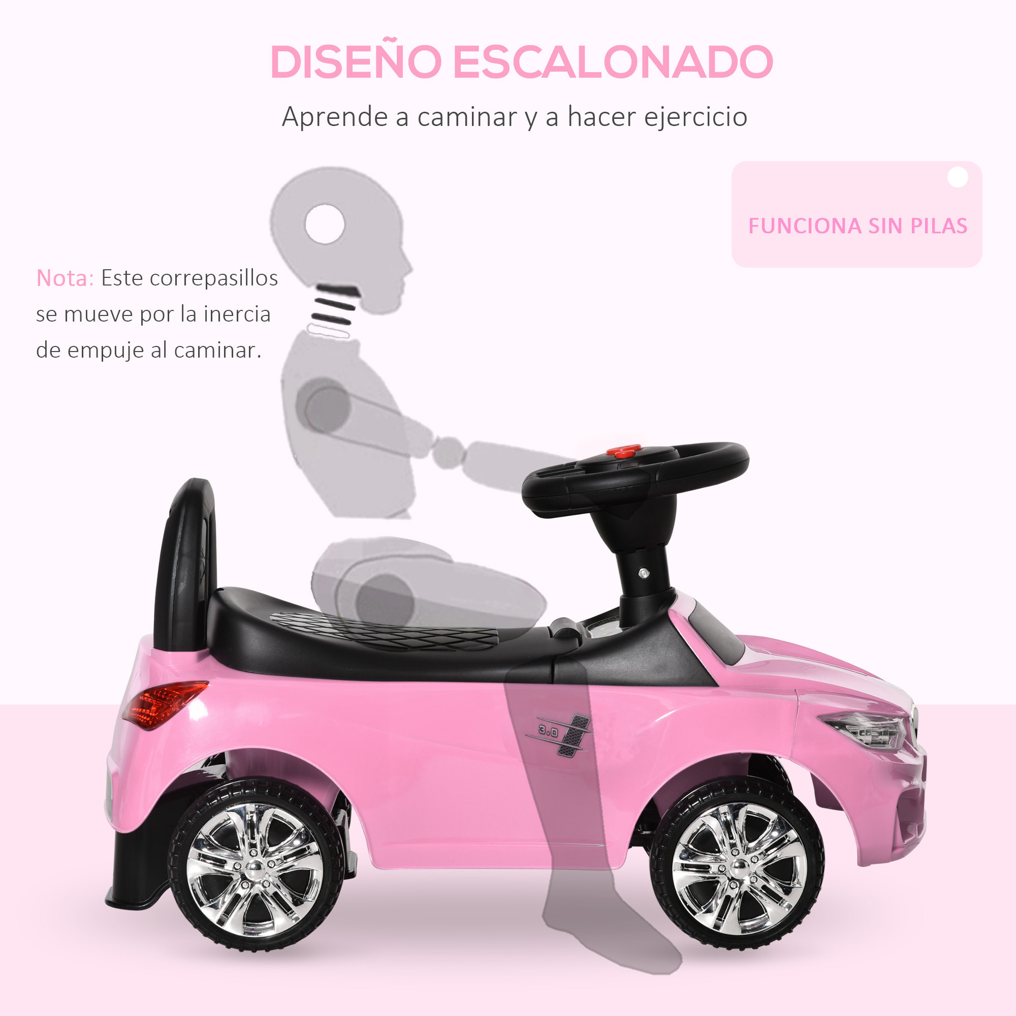 Coche Correpasillos para Niños 18-36 Meses con Faros Música 63,5x28x36 cm Rosa