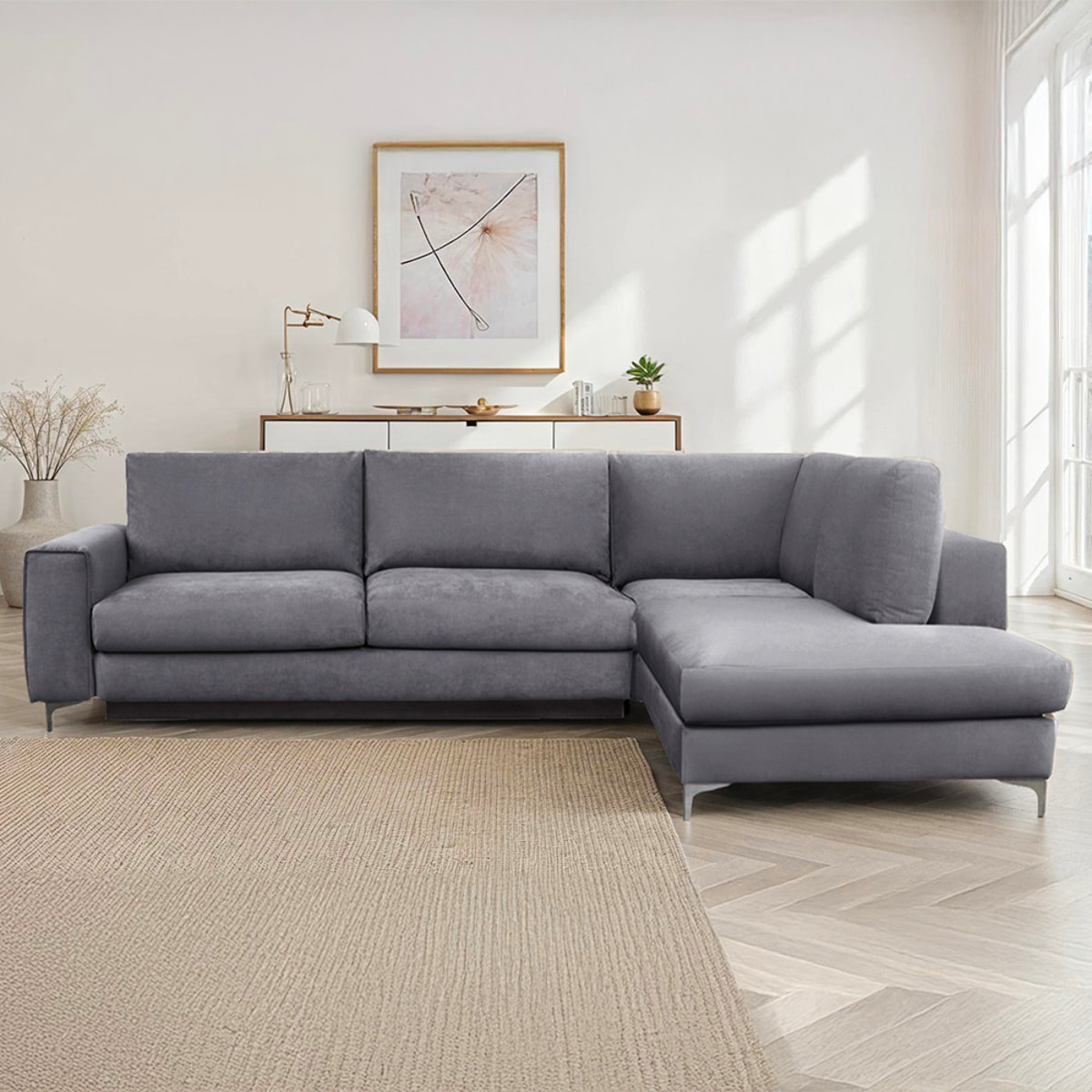 Canapé d'Angle Droit Velours Fiesole, 3 Places, Couchage Intégré, Coffre de Rangement, Housse Déhoussable