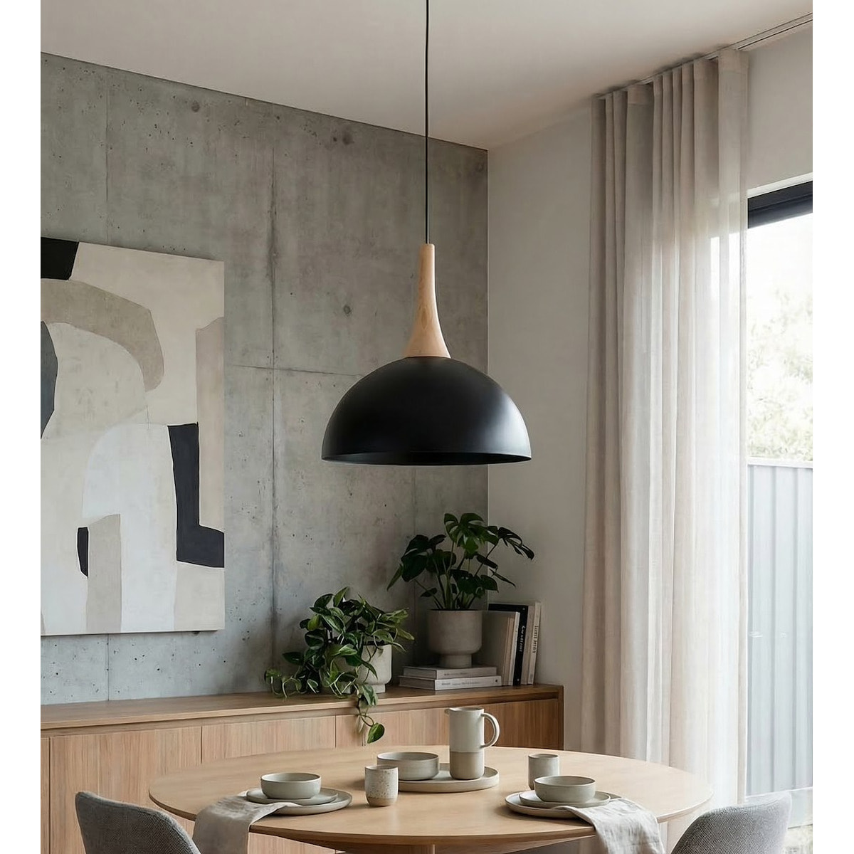 Lampada a sospensione Nautica in acciaio nero opaco e legno
