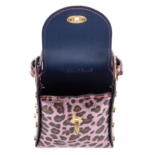 Alviano bolso de mano mujer. Piel auténtica Gamuza con estampado animal print leopardo lacada brillante.