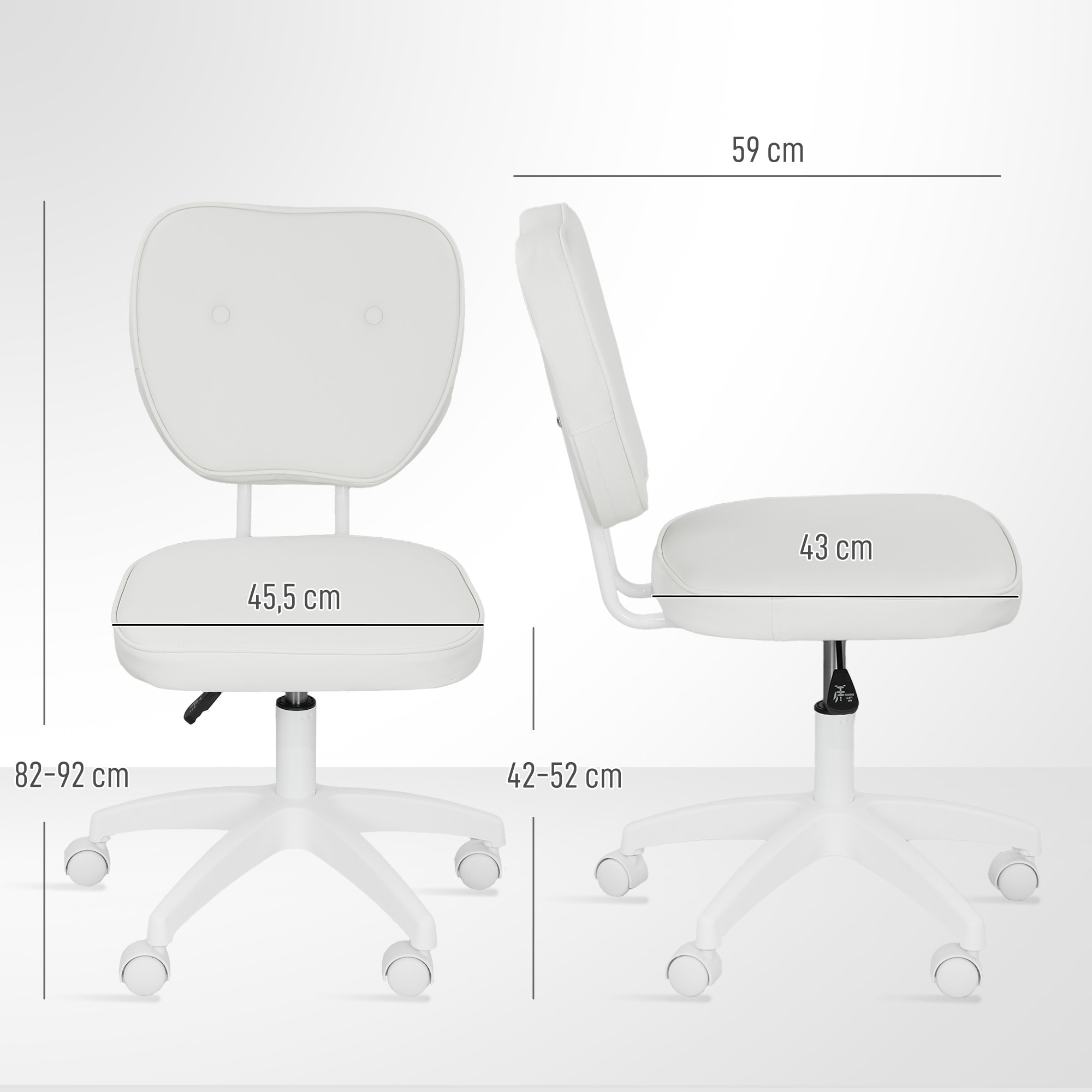 Silla de Escritorio Tapizada en PU Silla de Oficina Giratoria con Altura Ajustable sin Brazos Carga 120 kg para Estudio Dormitorio 46x59x82-92 cm Blanco