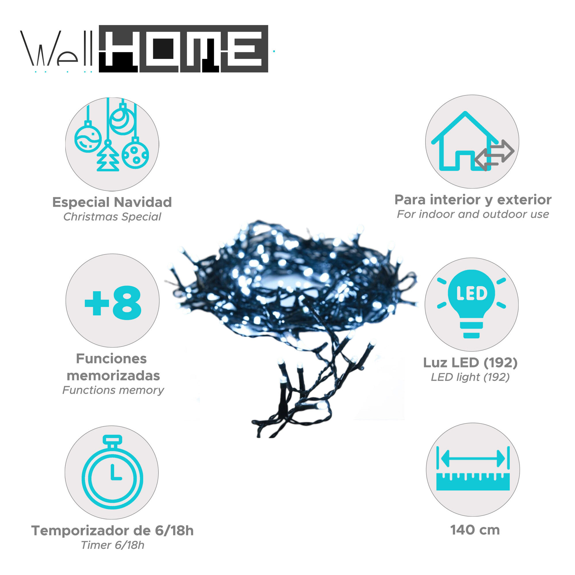 guirnalda con 192 luces led blanco con 8 funciones y temporizador - 1,4 metros