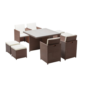 Table et chaises 8 places encastrables résine marron/blanc DALMA