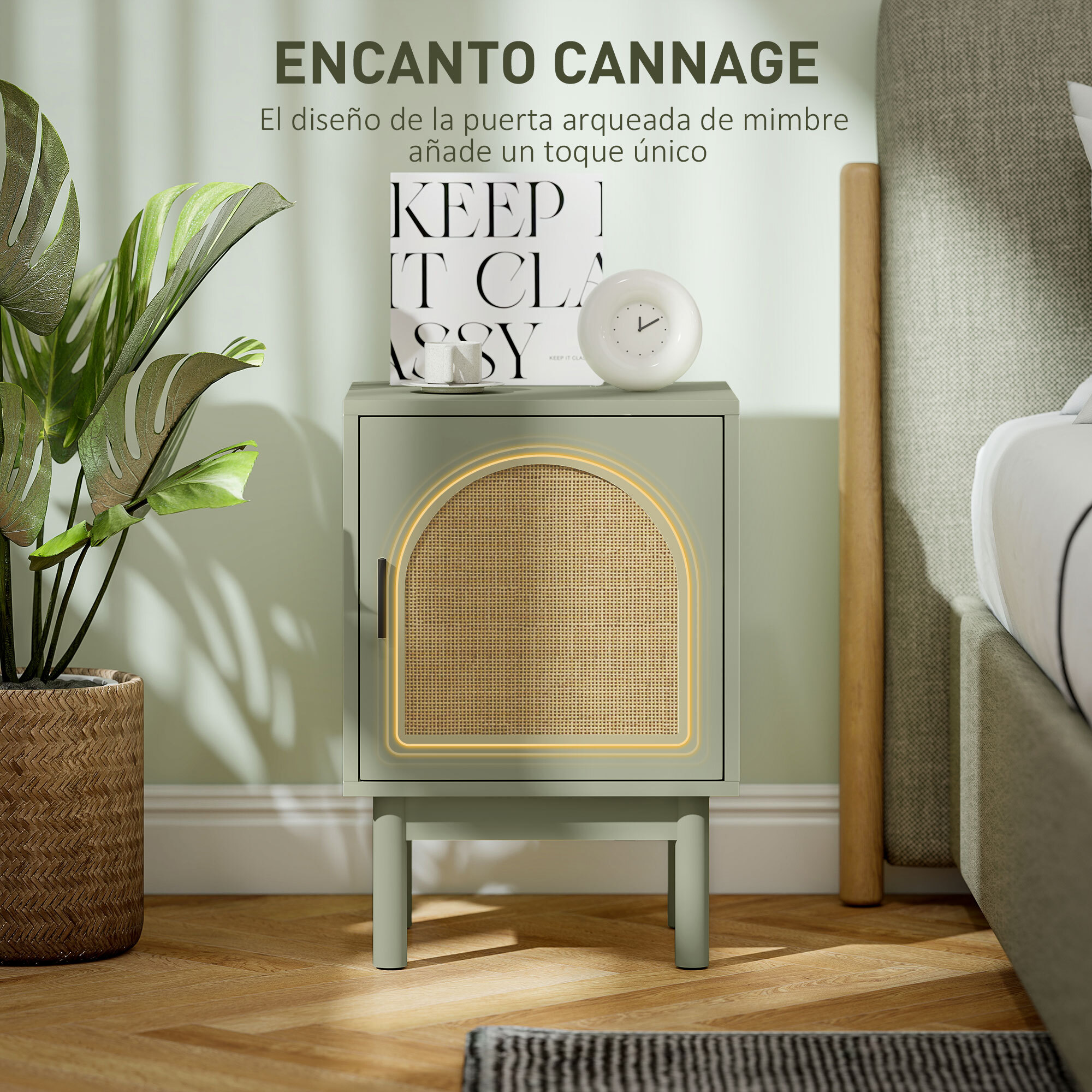 Mesita de Noche Mesilla de Noche con Puerta de Ratán Estante Ajustable y Patas de Madera Estilo Bohemio Mesa Auxiliar para Salón Dormitorio 40x35x58 cm Blanco