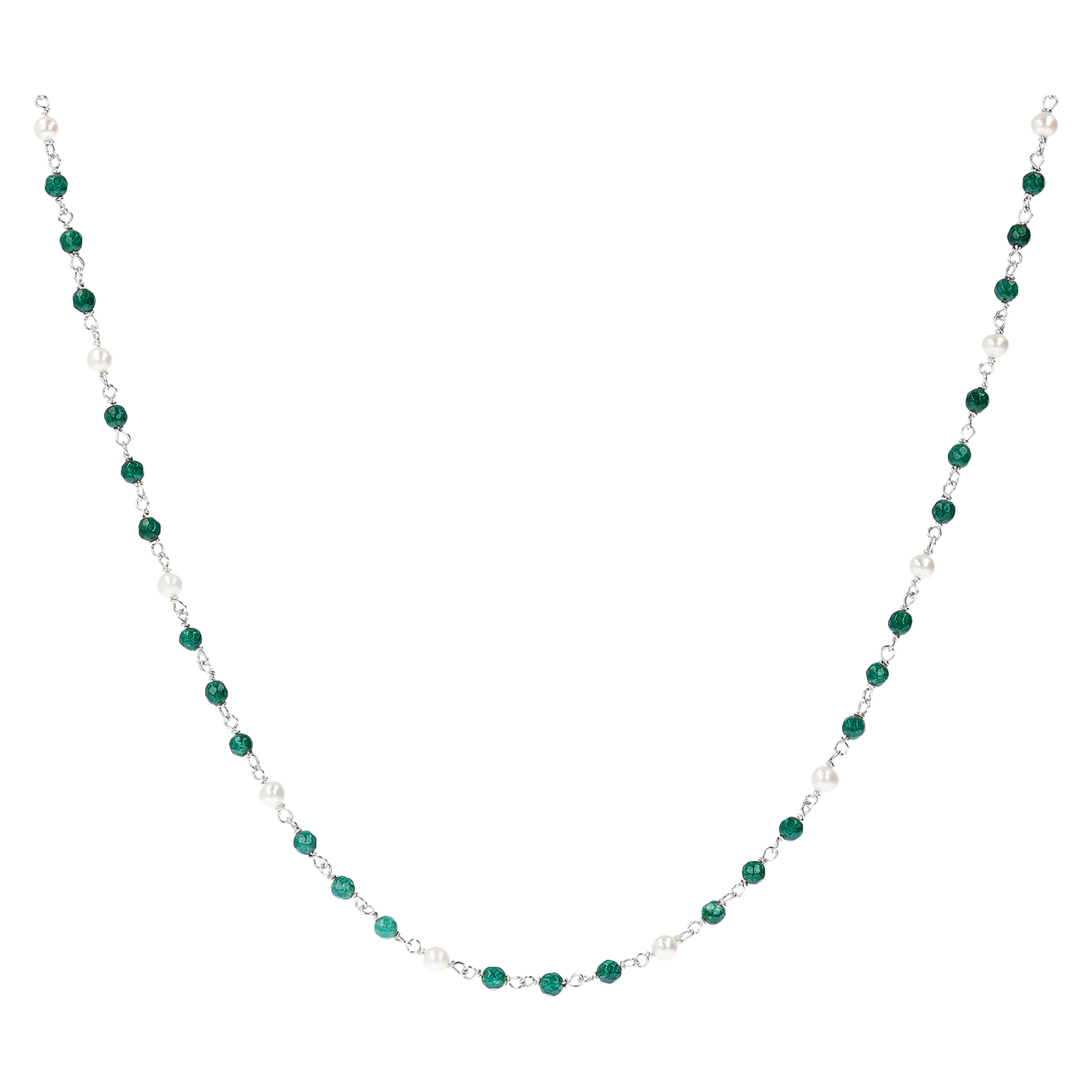 PERLAVIVA - Collana Rosario in Argento 925 placcato Oro Bianco 18Kt con Quarzo Verde e Perle Bianche d'Acqua Dolce Ø 4 mm