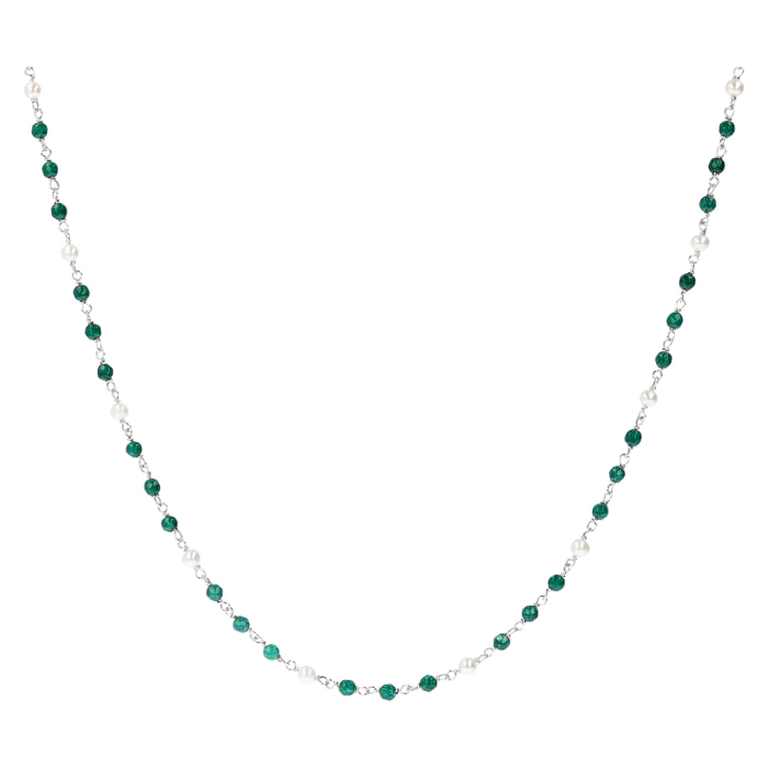 PERLAVIVA - Collana Rosario in Argento 925 placcato Oro Bianco 18Kt con Quarzo Verde e Perle Bianche d'Acqua Dolce Ø 4 mm