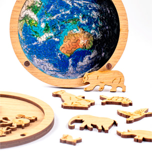Puzzle doppio e telaio in legno con 34 + 20 pezzi. Design Terra e animali.