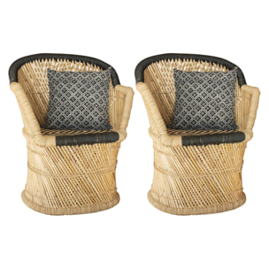 Lot de 2 fauteuils en bambou naturel et noir avec deux coussins noirs ZAMZEBE