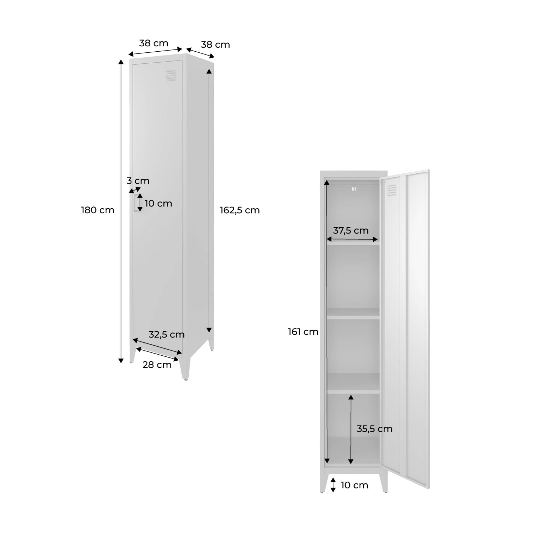 Armoire chambre en acier blanche. 4 espaces de rangement. casier. L 180 x l 38 x H 38cm