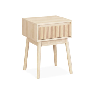 Table de chevet avec un tiroir. Panneaux stratifiés couleur naturelle. Pied en bois de sapin.  L 39 x l 39 x H 55.4cm LINEAR