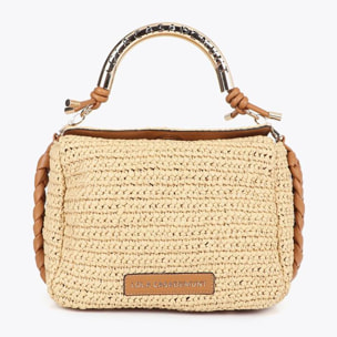 Borsa a tracolla effetto rafia combinata con manico con logo fustellato