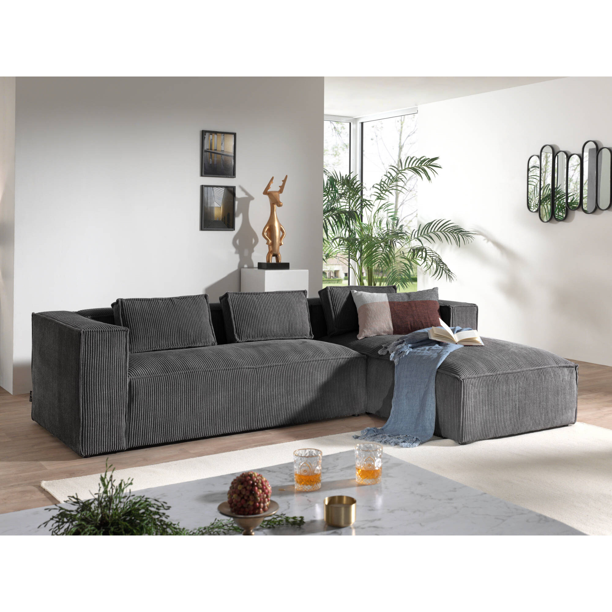 Stella - canapé d'angle droit en velours côtelé - 4 places -style contemporain - Gris foncé