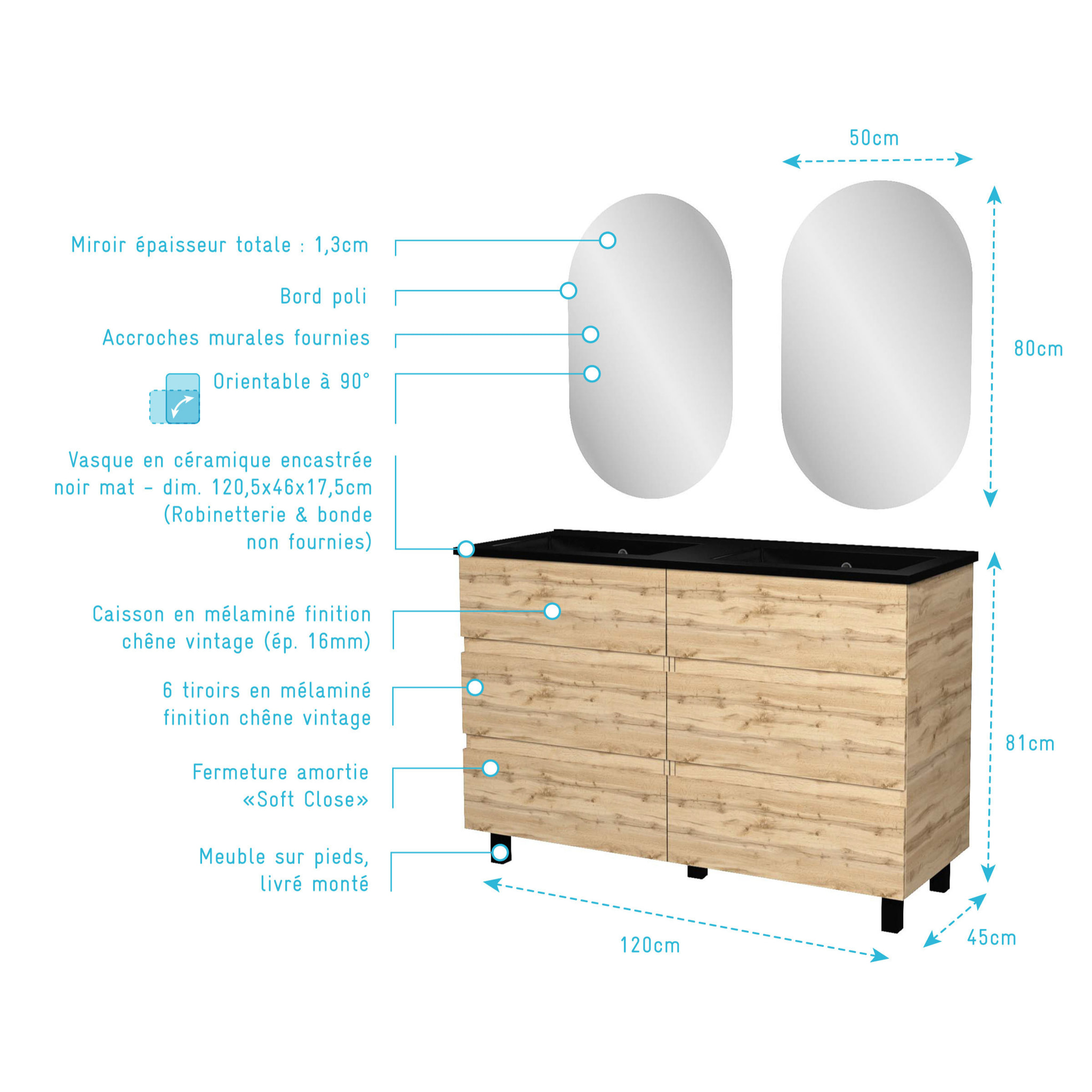 Meuble Salle de Bains 120cm 6 Tiroirs Chêne Naturel + Vasque Noire et Miroirs Ovales