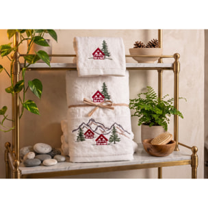 Set Asciugamano Ospite in Spugna 100% Cotone Fantasia Tirolese Natalizia Disegno Malga Panna