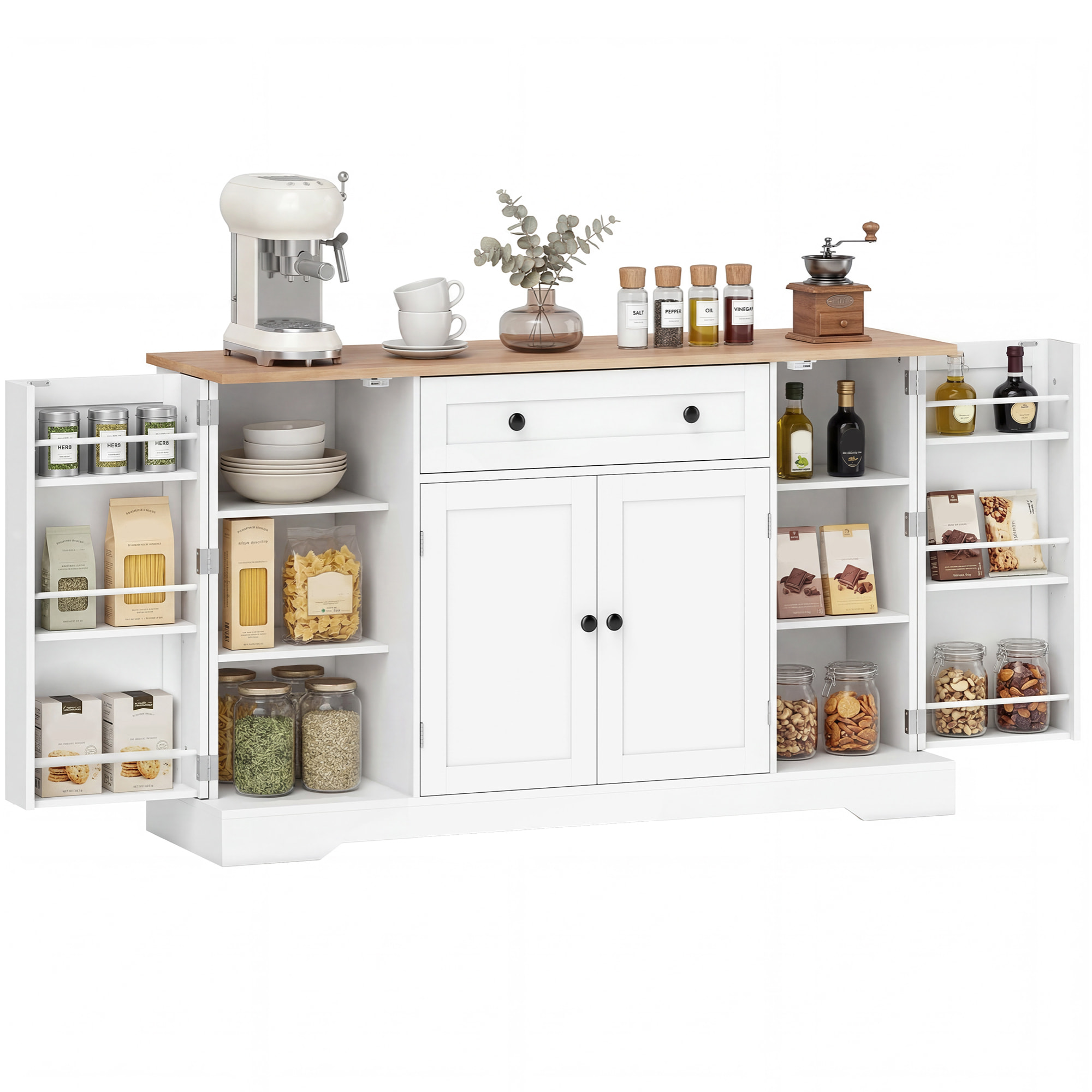 Aparador, Armario de Cocina Moderno con Cajón, Estantes en las Puertas, Estantes Ajustables, Barra de Café, Aparador para Cocina, Comedor, 138x40x83,5 cm, Blanco