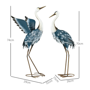 Lot de 2 statues de jardin hérons H. 74/70 cm acier bleu blanc