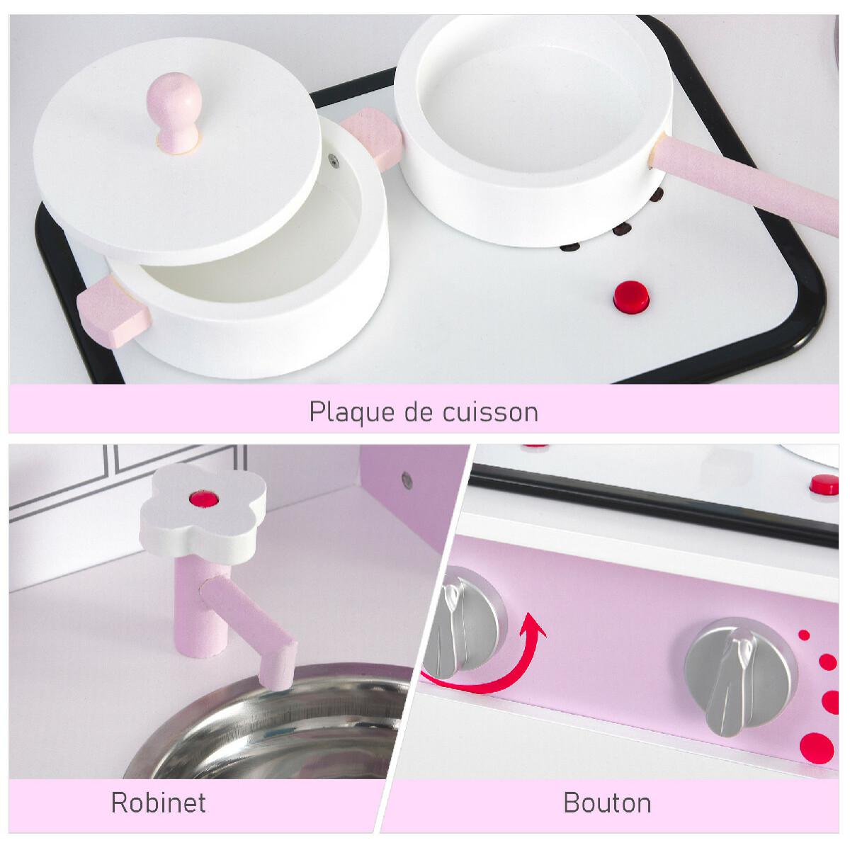 Cuisine bois jeu d'imitation - cuisine rose enfant - nombreux accessoires & rangements inclus - fonction sonore - MDF pin rose blanc