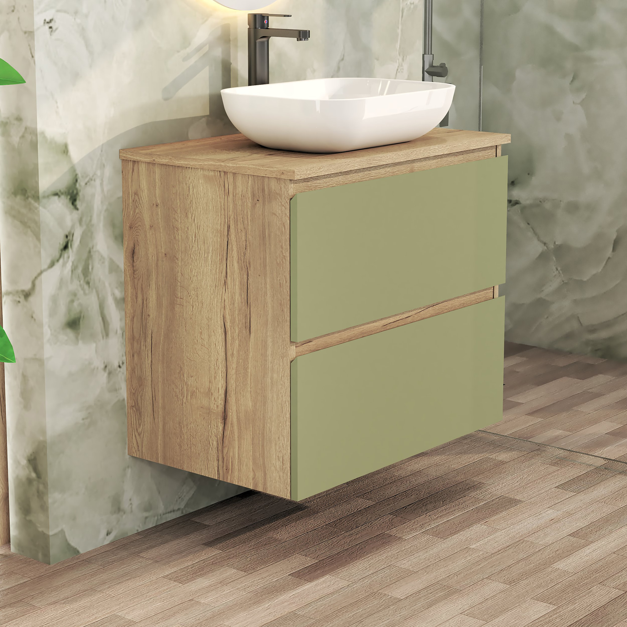 Conjunto de Baño Nia | Mueble Suspendido | 70 cm Verde | Dos Cajones | Lavabo Sobrepuesto | No incluye Espejo | Mueble Montado| Alday