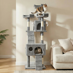 Árbol Rascador para Gatos, Árbol para Gatos 153 cm, Torre Escalador con 2 Cuevas, 3 Camas, 2 Rampas, Postes de Sisal, 2 Ratones Colgantes, Gris