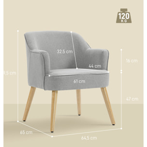 Butaca de Salón Moderna, Sillón Lectura Tapizado en Lino con Patas de Madera, Reposabrazos Acolchado Grueso y Almohadillas Ajustables para Dormitorio, Oficina, Estudio, Carga 120 kg, Gris Claro