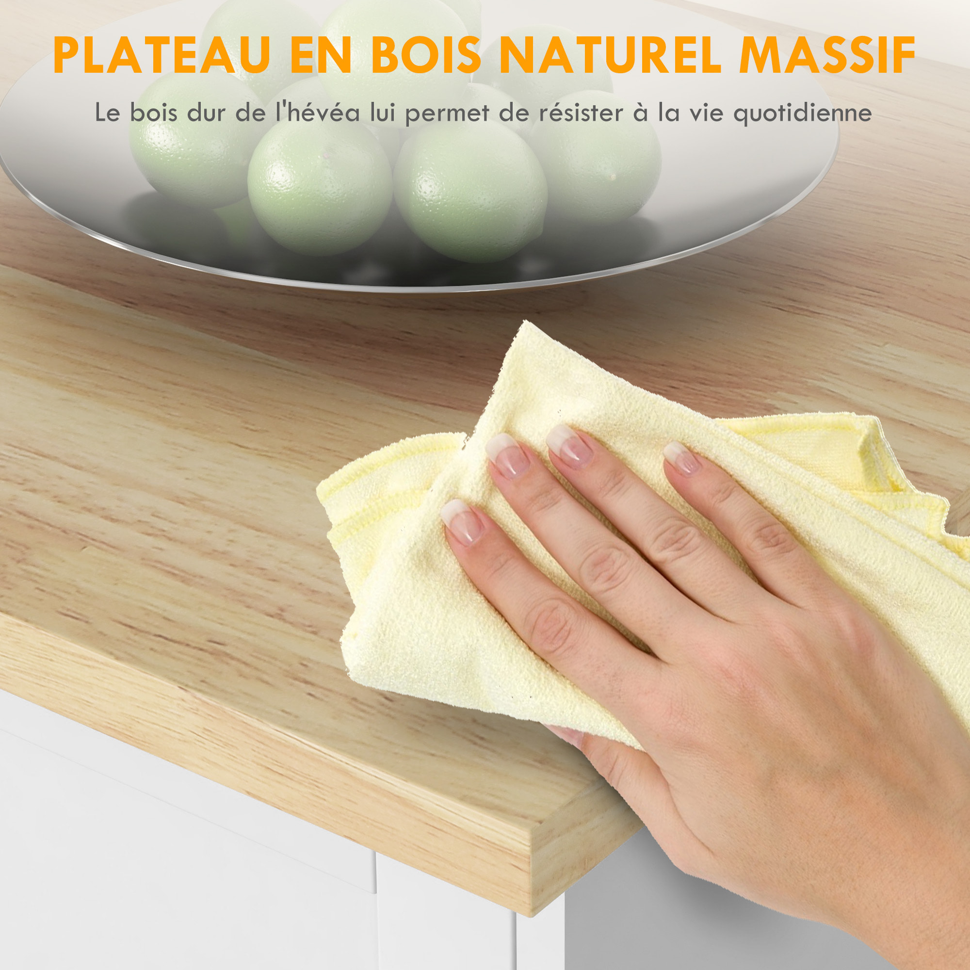 Desserte de cuisine îlot multi-rangement MDF blanc plateau bois hévéa verni