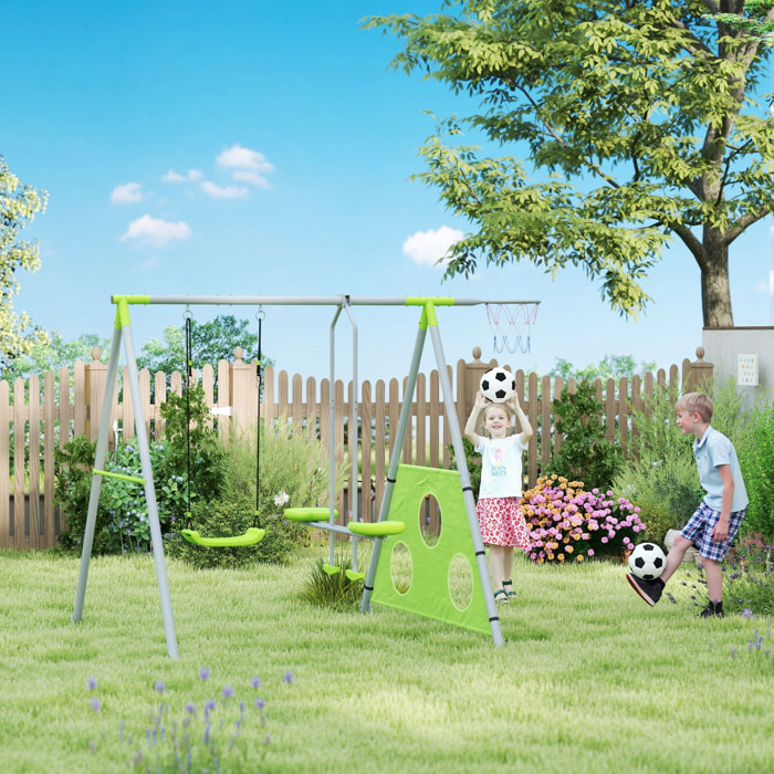 Columpios para Niños de +3 Años 4 en 1 Columpios Jardín Exterior con Columpio Planeador Portería de Puntería y Aro de Baloncesto Verde