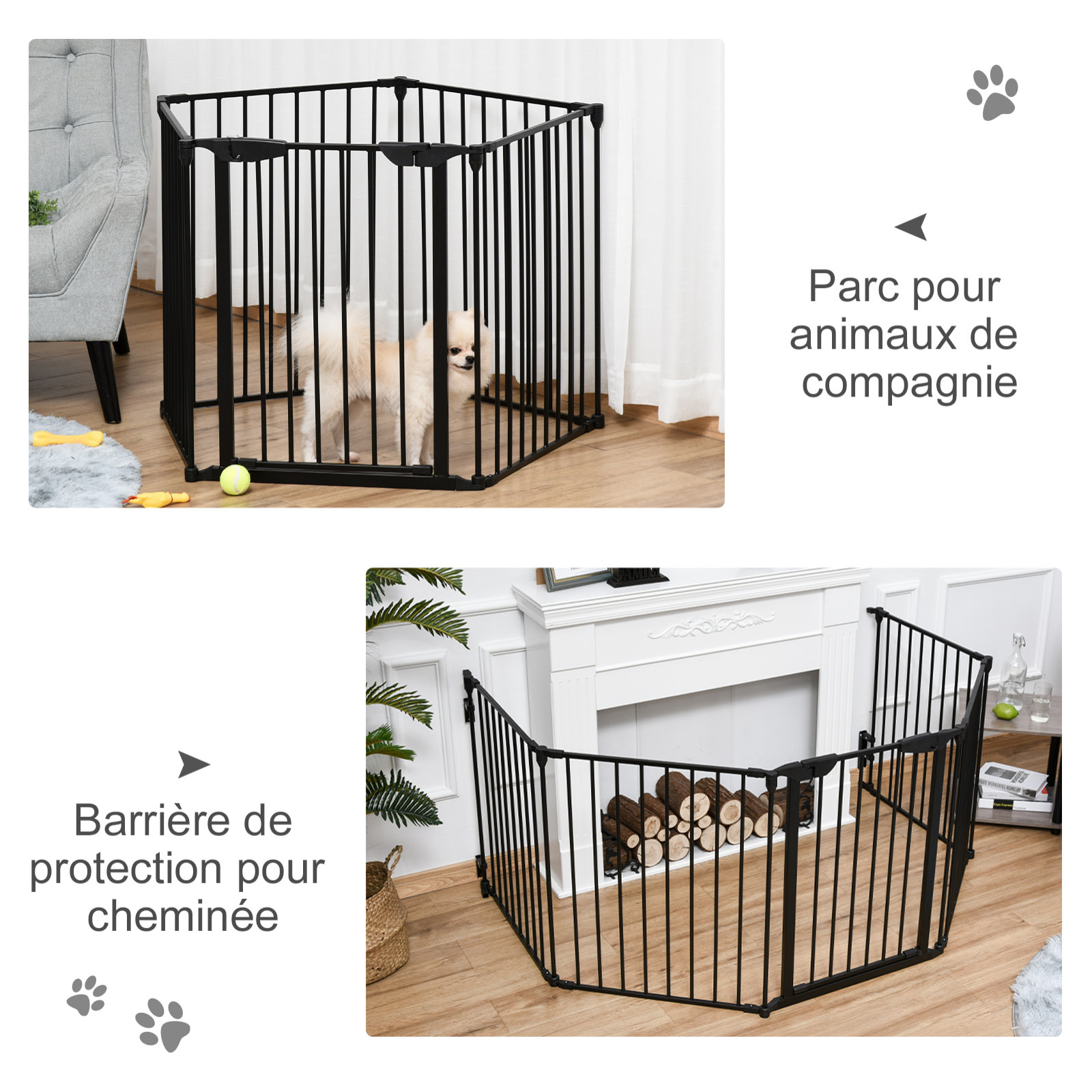 Barrière de sécurité parc enclos chien modulable pliable porte verrouillable intégrée 5 panneaux en métal 300L max. x 74,5H cm métal PP noir