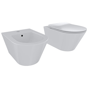 Coppia Sanitari Sospesi Vaso WC Rimless Con Tornado Flush E Bidet Sospeso Moderno Tondo In Ceramica Con Copriwater Chiusura Soft Close Bianco Lucido