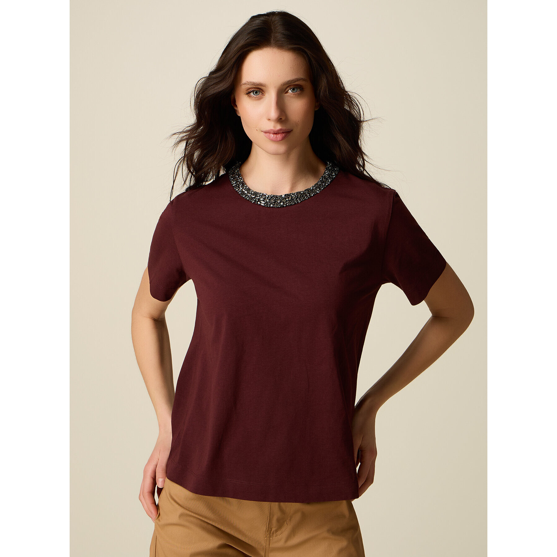 Oltre - Camiseta de algodón con cuello joya - Burgundy