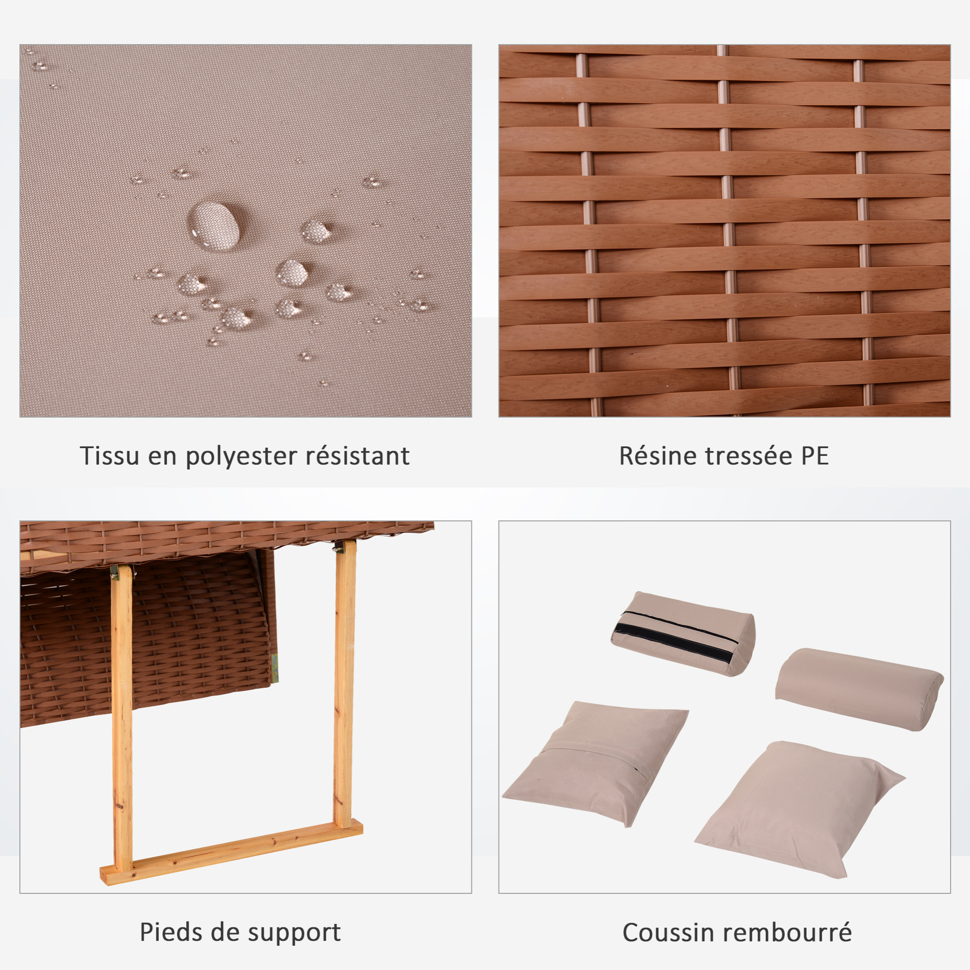 Outsunny Corbeille de plage 2 places pliable - Cabine de plage inclinable - abri plage strandkorb - coussins, repose-pieds, tablettes, pare-soleil - bois résine tressée polyester taupe