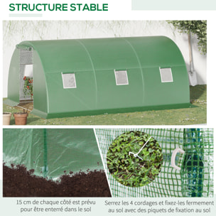 Serre tunnel 13,5 m² dim. 4,5 x 3 x 2 m - 6 fenêtres, porte zippée enroulable - acier galvanisé PE haute densité vert