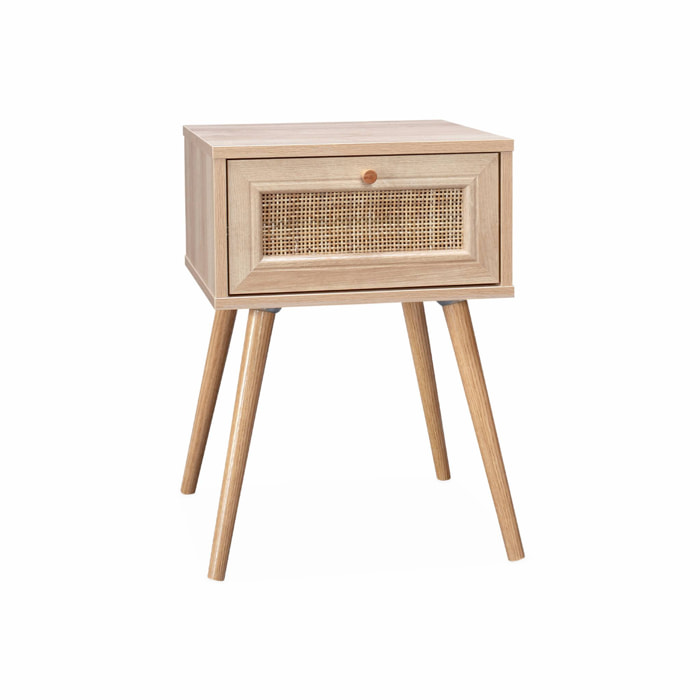 Table de chevet effet bois & cannage avec 1 tiroir - Bohème