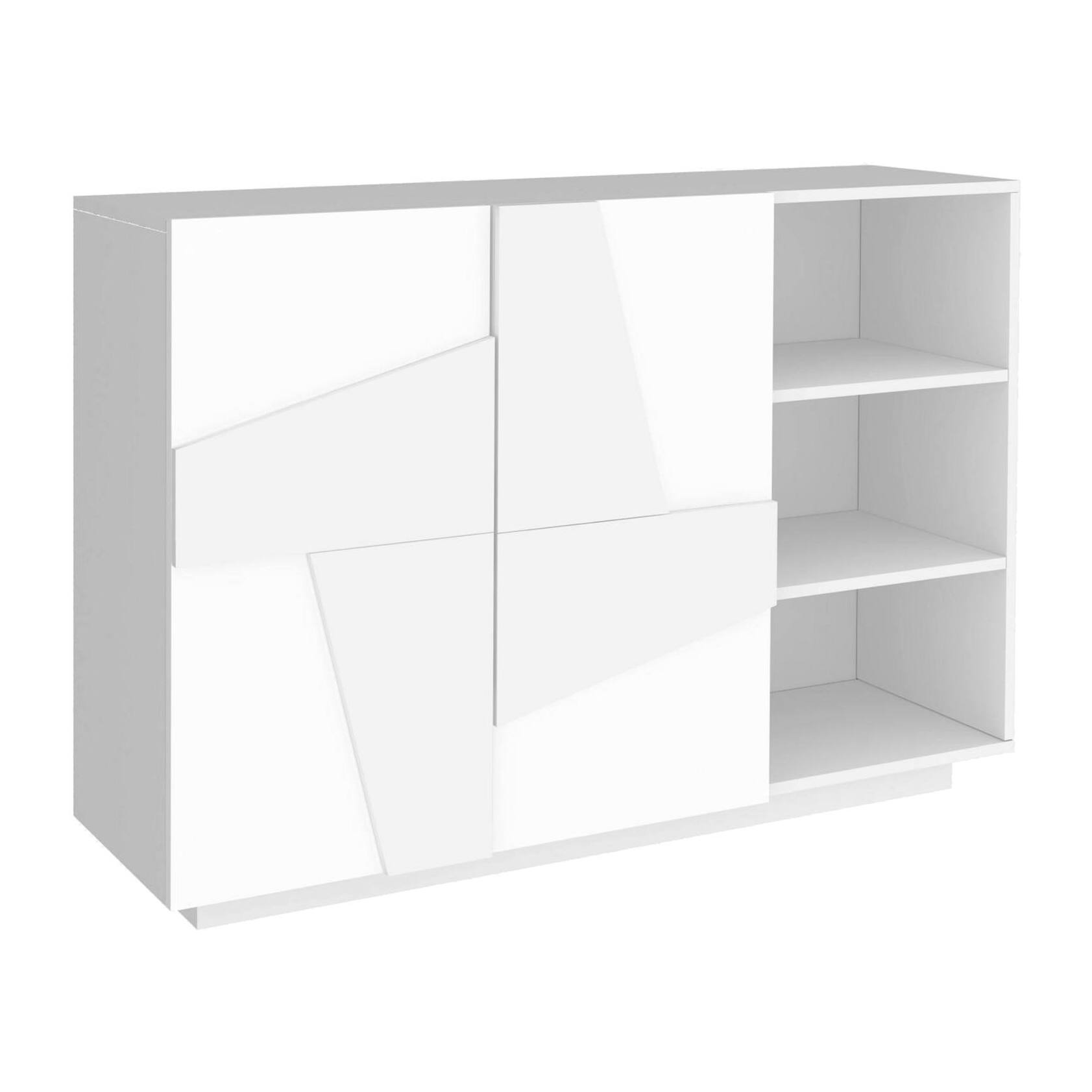 Mobile da ingresso a 2 ante e scaffali aperti, Made in Italy, Entratina moderna, Credenza per atrio, cm 121x38h86, colore Bianco lucido