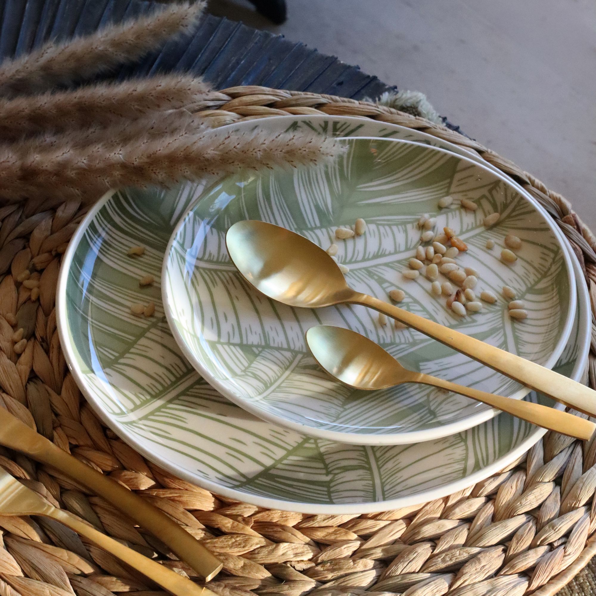 Lot de 6 assiettes plates 26cm en grès à motif vert LEAVES