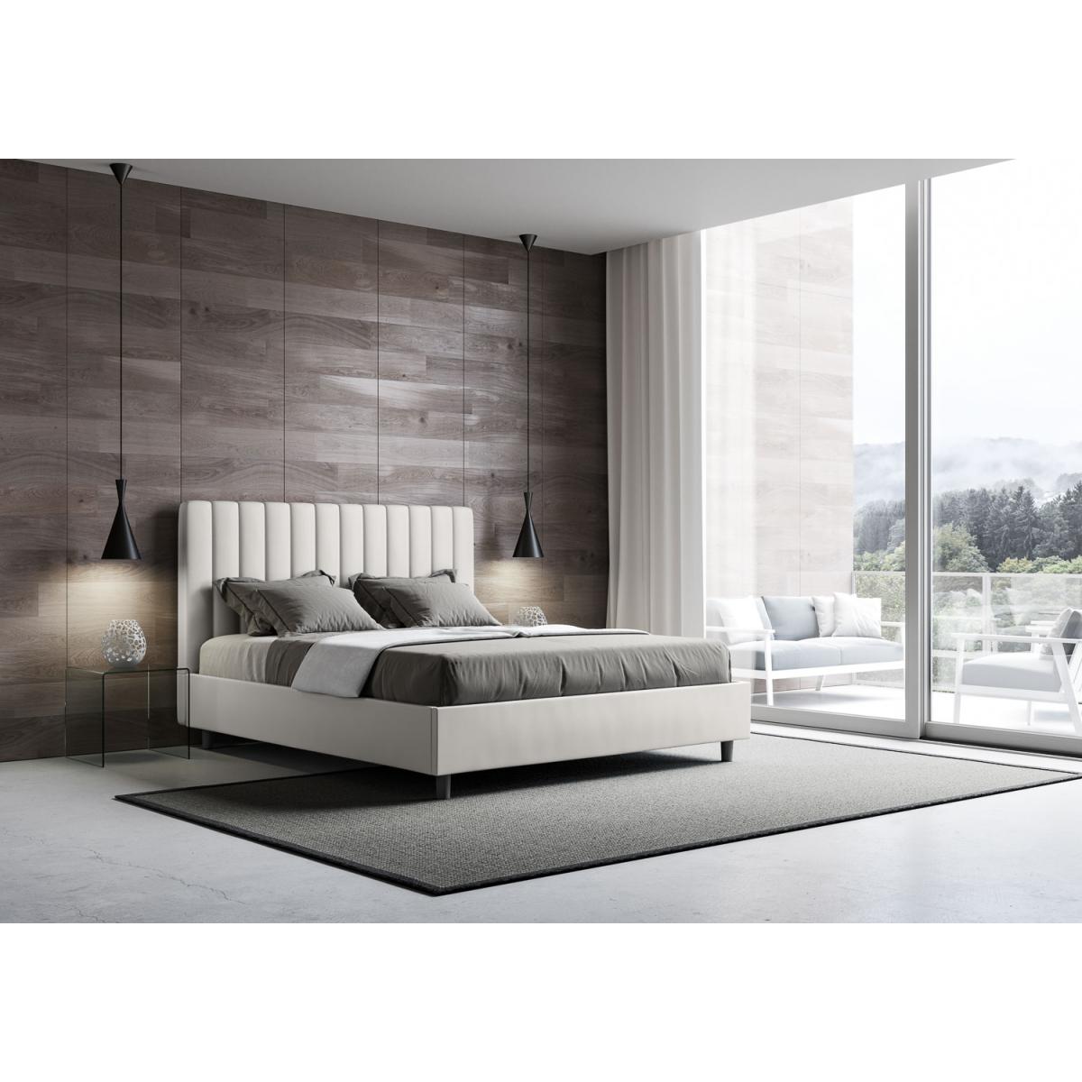 Cama con almacenaje acolchada 160x190 cuero sintético blanco Agueda