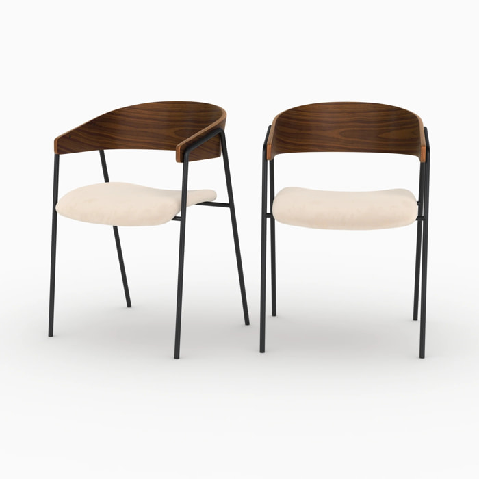 Lot de 2 chaises en velours blanc cassé et bois de noyer - Esmée