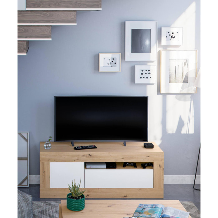 Mobile porta TV Killeen, Credenza per televisione da soggiorno, Supporto TV a 2 ante, cm 139x42h53, Rovere nodi e Bianco