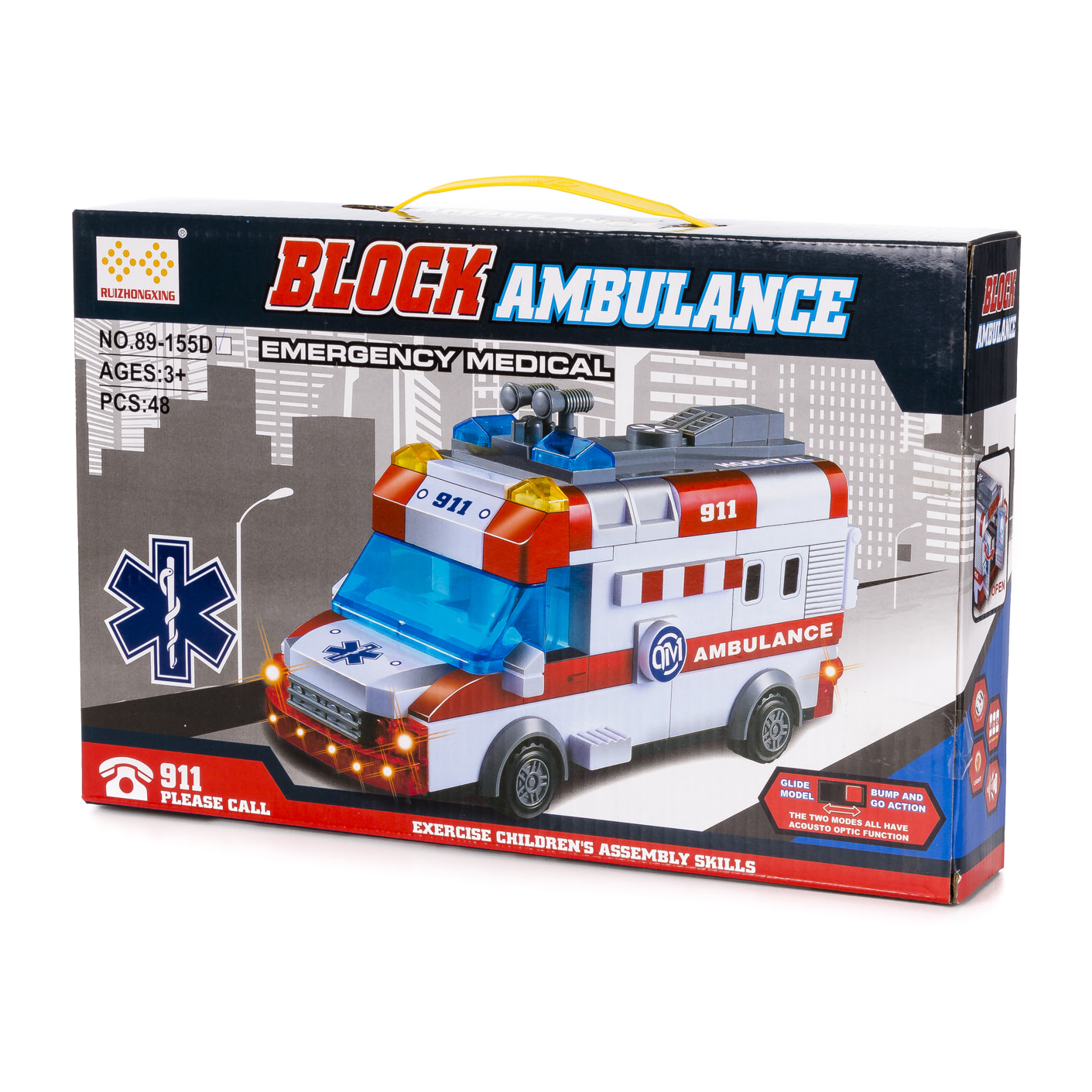 Ambulanza con luci ed effetti sonori. Da costruire, 48 pezzi. Modalità di funzionamento automatico 360°.