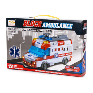 Ambulanza con luci ed effetti sonori. Da costruire, 48 pezzi. Modalità di funzionamento automatico 360°.