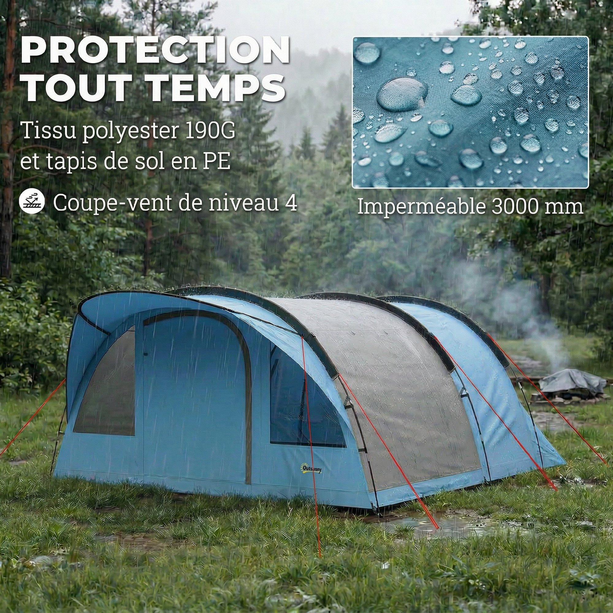 Tente camping tunnel 4 pers. imperméable 3000mm - 5,65x3,70x2m - bleu