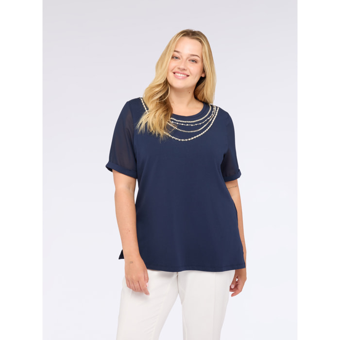 Fiorella Rubino - T-shirt con applicazioni gioiello - Blu