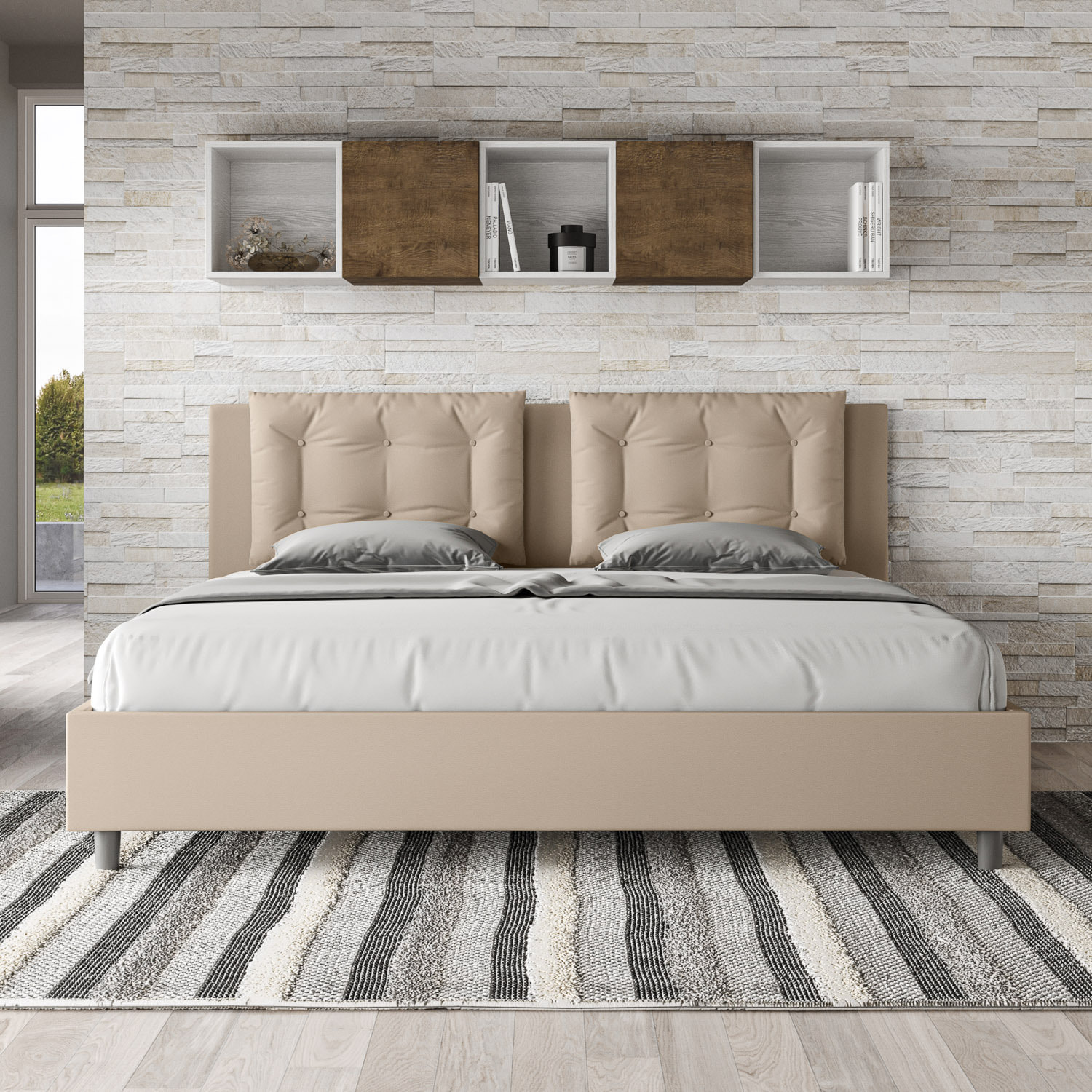 Lit king size coffre rembourré 180x210 similicuir taupe Annalisa