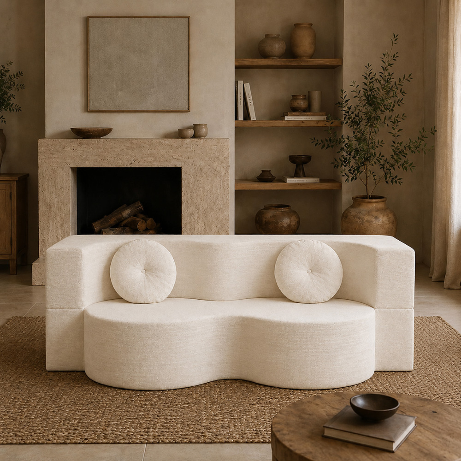 Canapé compressé convertible 2 places en velours beige SHEAF