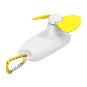 Ventilatore portatile con torcia LED integrata e moschettone per il trasporto.