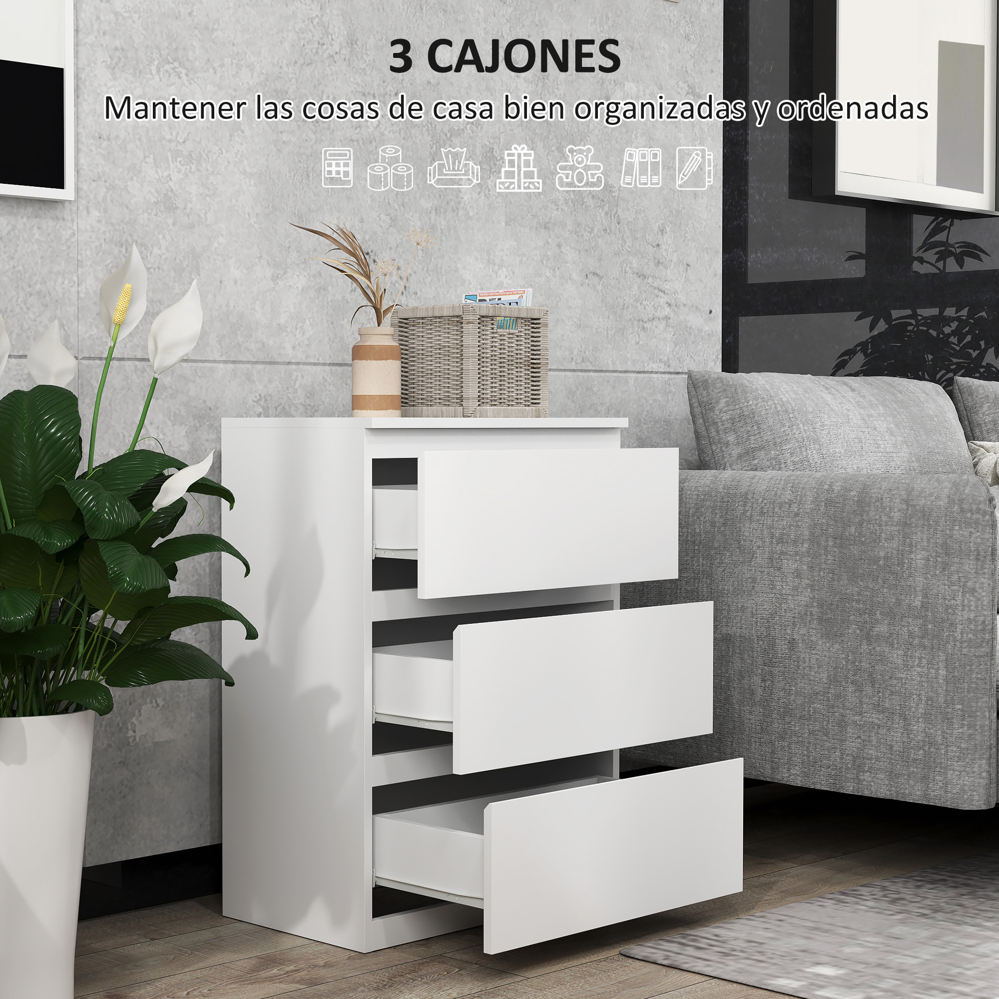 Cómoda con 3 Cajones Cómoda de Dormitorio Moderno con Diseño Anti-vuelco Cajonera para Salón Pasillo 55x34x75 cm Blanco Brillo
