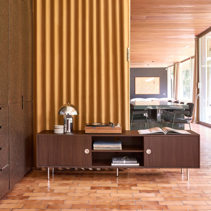 Meuble TV vintage décor bois et acier inoxydable 2 portes 180cm SHELBY