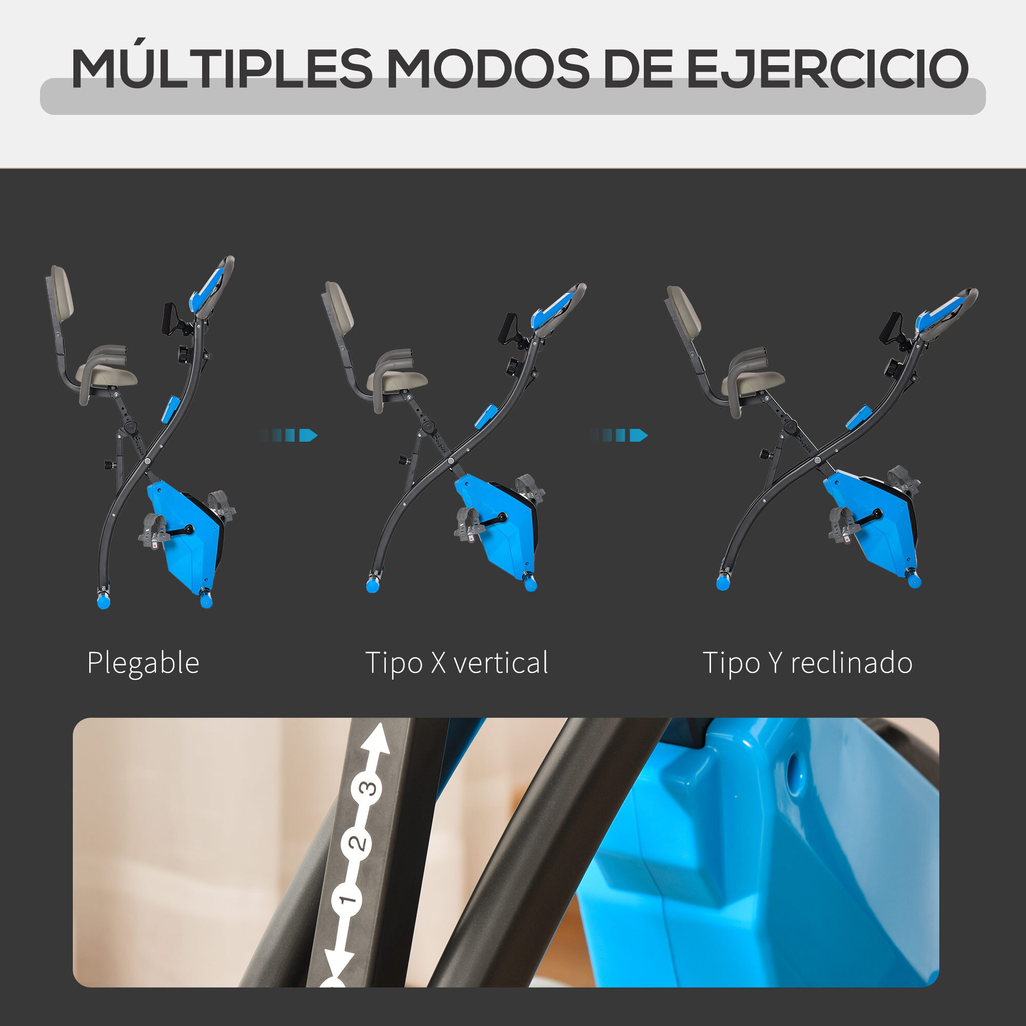 Bicicleta Estática Plegable 3 en 1 con Respaldo y 8 Niveles Resistencia Magnética, Bicicleta Estática para Casa Ajustable con Monitor LCD Volante Banda Sensor de Pulso Soporte de Teléfono Azul